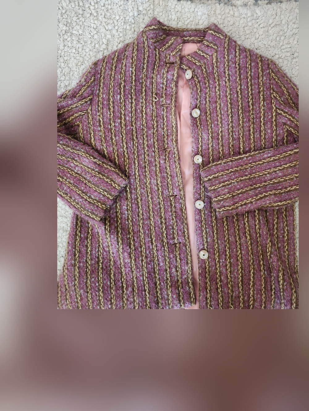 Vintage 1970s Made in Italy Pink Bouclé Wool Jacket Metallic Stripe Satin Lined